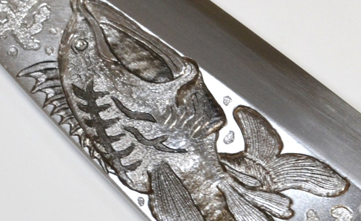Michiko Kubota Engraved Deba 240mm — Black Bass