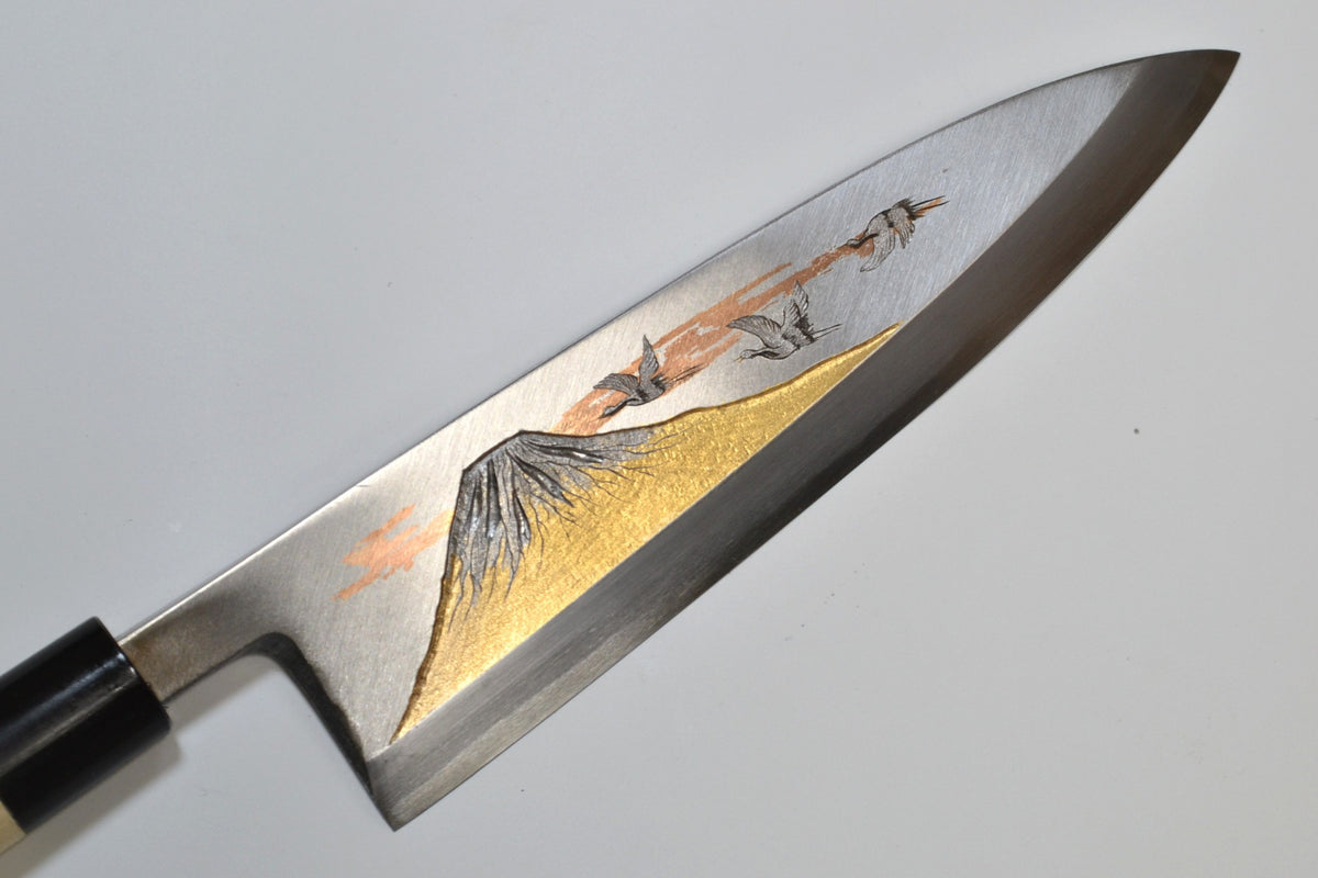 [PRE-ORDER] Michiko Kubota Engraved Deba 240mm — Mt. Fuji and Cranes