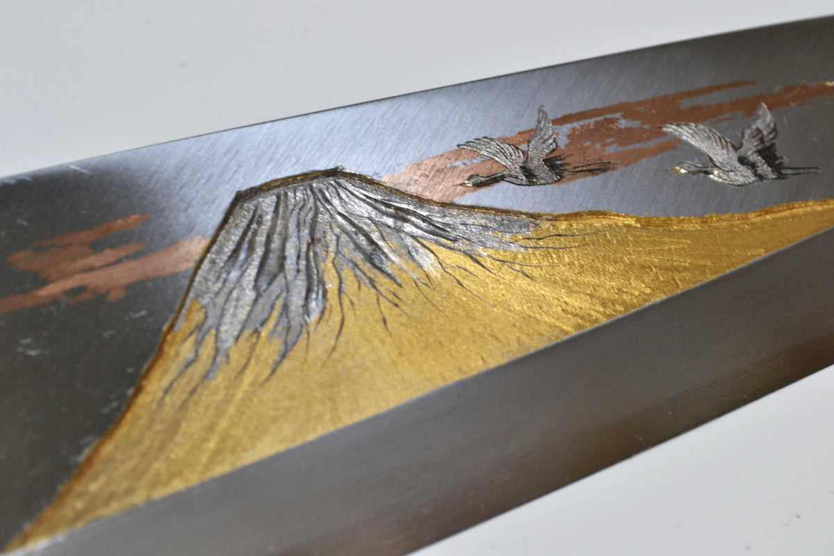[PRE-ORDER] Michiko Kubota Engraved Deba 240mm — Mt. Fuji and Cranes