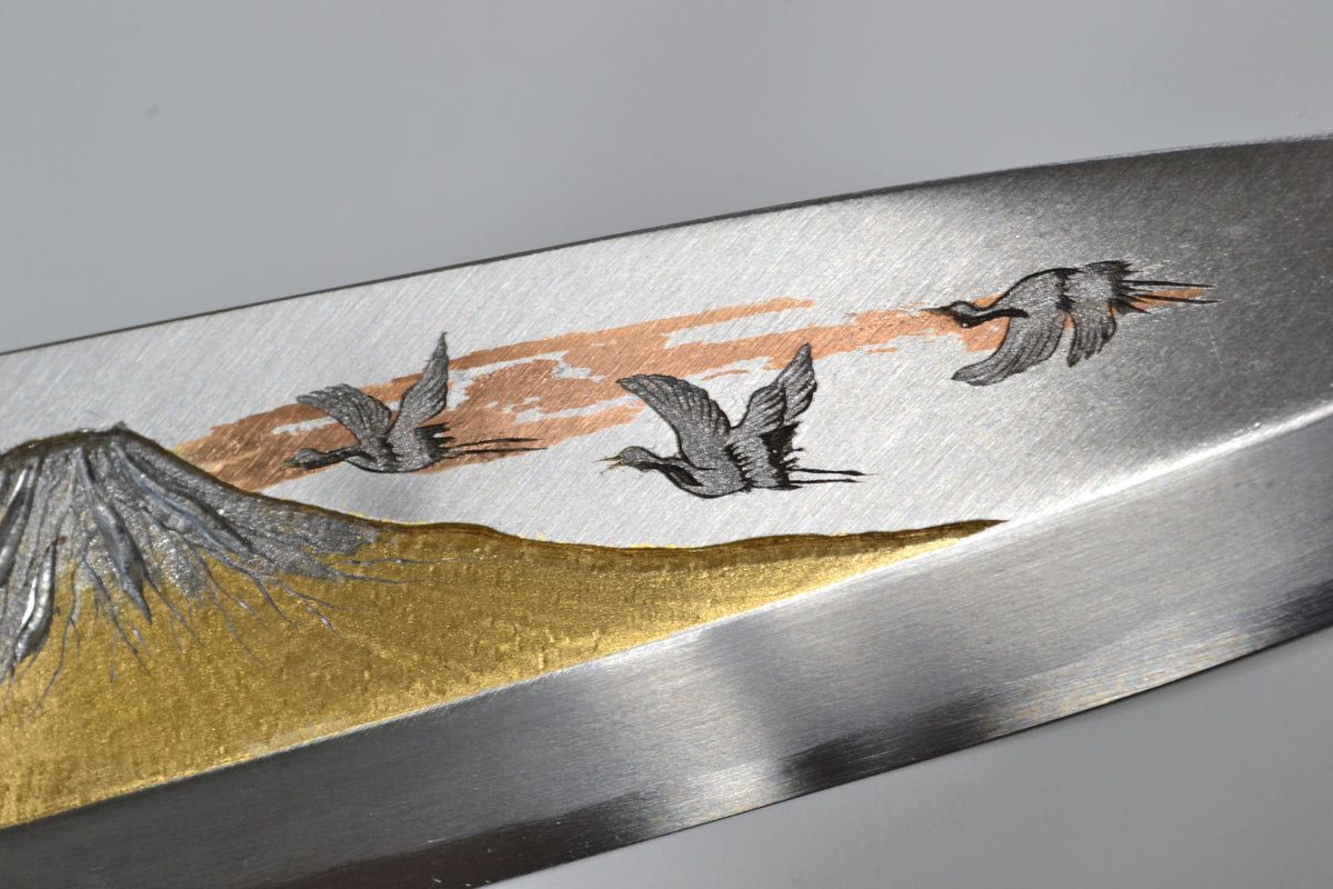 [PRE-ORDER] Michiko Kubota Engraved Deba 240mm — Mt. Fuji and Cranes