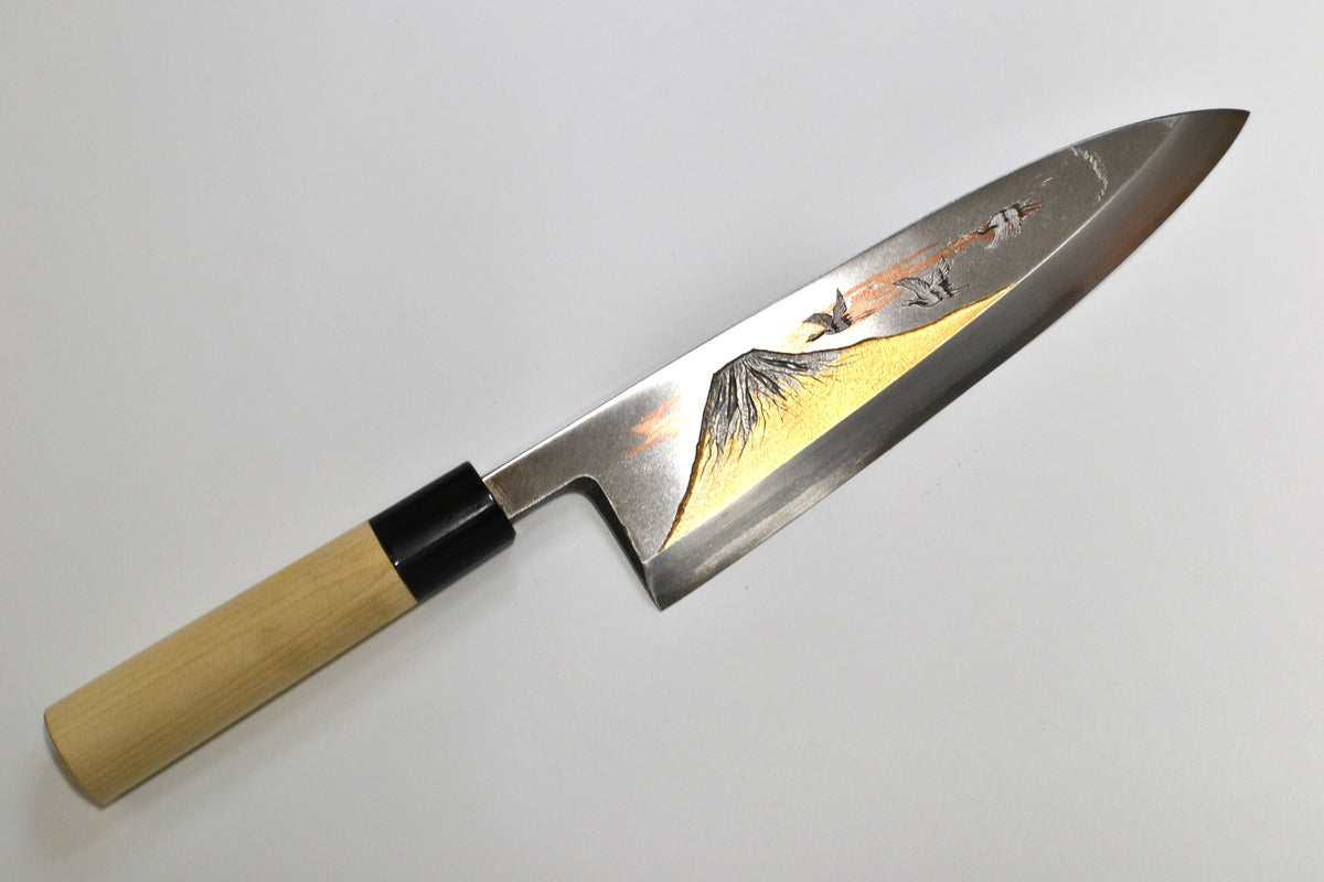 [PRE-ORDER] Michiko Kubota Engraved Deba 240mm — Mt. Fuji and Cranes