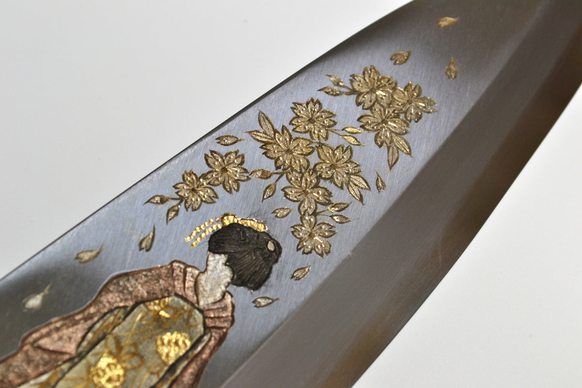 [PRE-ORDER] Michiko Kubota Engraved Deba 240mm — Maiko and Sakura